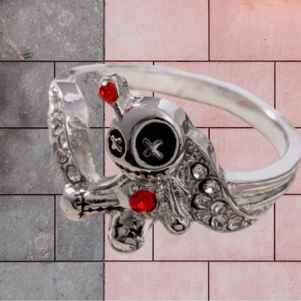 Voodoo Doll Ring Size 10 Red Rhinestone Heart Crystals Silver Plated Fashion